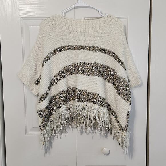 Anthropologie Moth Women's Cream Sweater Poncho Size Med Cropped Boxy Stripes - Picture 2 of 11